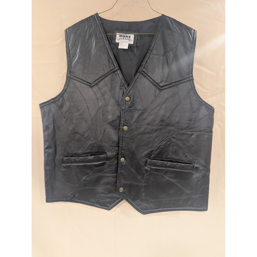 Duke Haband Leather Vest Womens L Black Patchwork Western Biker Rocker - Picture 1 of 5